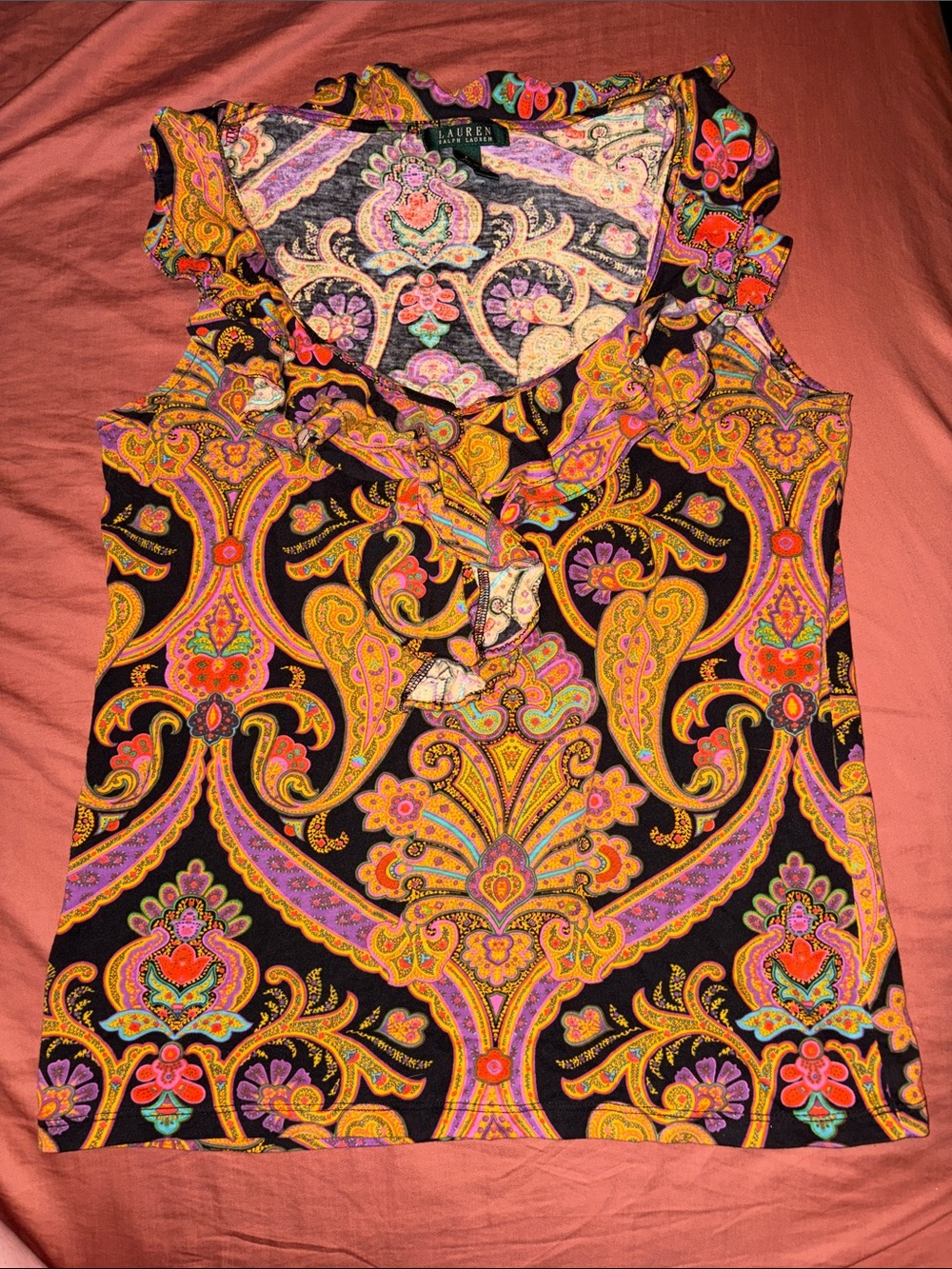 Lauren Ralph Lauren Black Multi Paisley Ruffled V-Neck Camisole